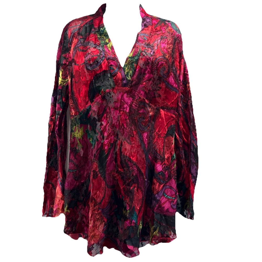 Chicos Women's Top Size Large Silk Blend Babydoll Burnout Sheer Colorful V Neck